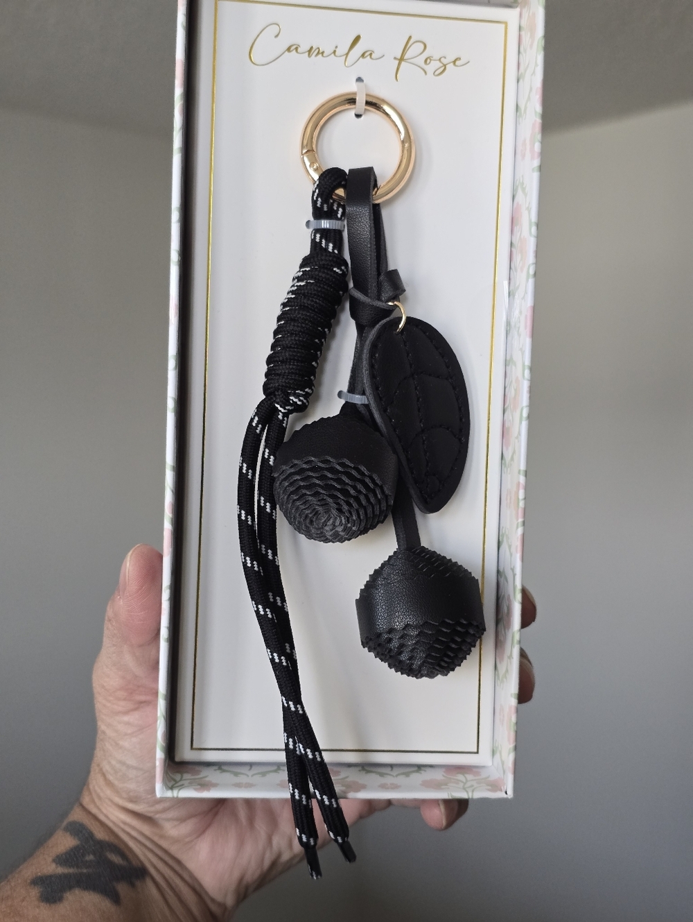 Camila Rose Black Keychain Purse Charm with Rose Like Pom-Poms